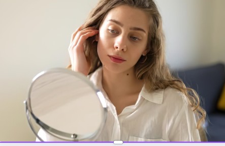 women looking at her face in the mirror