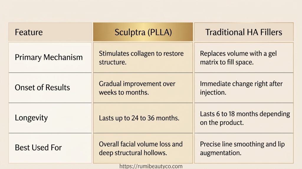 Table showing how Sculptra compares to traditional fillers