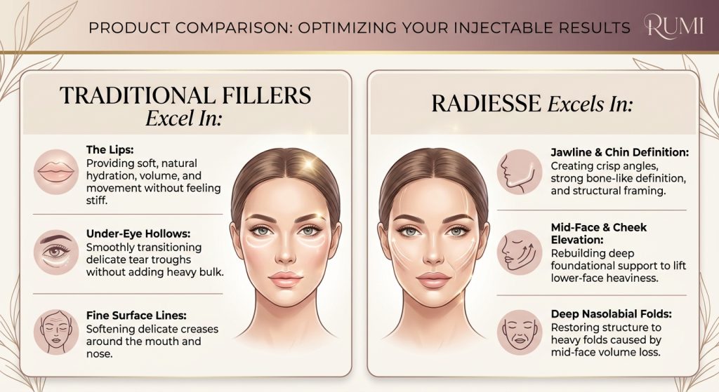 Chart showing how Radiesse compares to traditional fillers