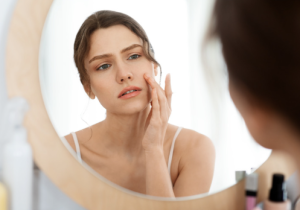 women looking at her face in mirror and considering radiesse or filler